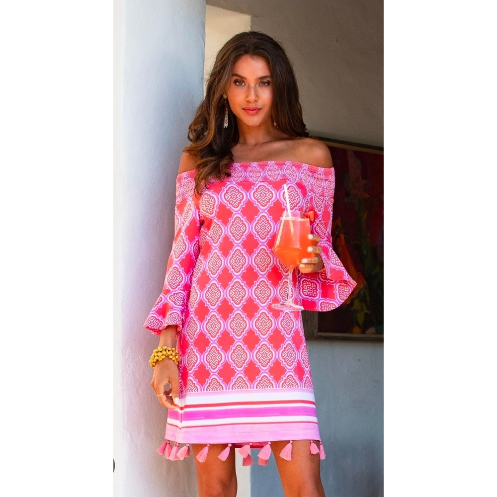 Cabana Life Pink Geometric Off-the-Shoulder Tassel Hem Dress UPF 50+ XL 706-CG20